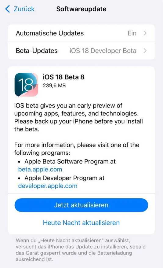 墨脱苹果手机维修分享苹果 iOS / iPadOS 18 开发者预览版 Beta 8 发布 